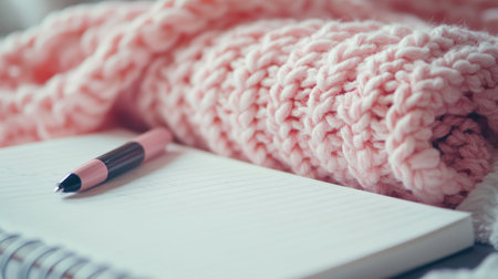 A cozy home setting featuring a pink knit blanket, an open notebook, and a stylish pen. Perfect for creating a warm and inviting atmosphere for writing.の素材
