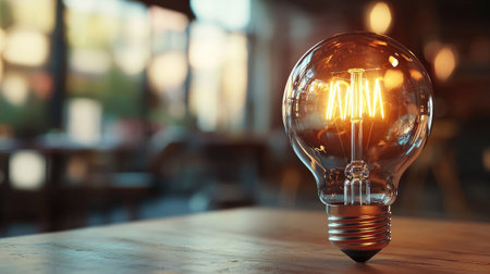 A vintage Edison light bulb radiates warm light on a wooden table in a cozy cafe setting, creating a charming and inviting atmosphere perfect for relaxation.の素材