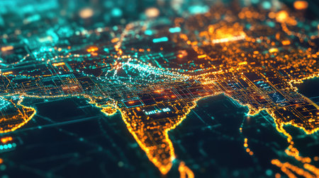 A mesmerizing aerial view of a cityscape at night, showcasing vibrant lights and intricate data connections. Perfect for technology and urban themes.の素材