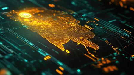 A captivating abstract digital map illuminated with glowing elements set against a dark background, showcasing modern technology and innovation in graphical design.の素材