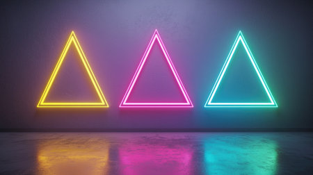 Explore vibrant neon triangle shapes glowing against a stylish wall. Perfect for modern decor, abstract art, or creative projects requiring energy and color.の素材