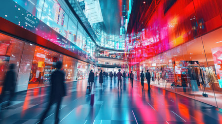 A bustling modern shopping mall featuring vibrant colors and dynamic lighting. People walk through a stylish interior filled with retail displays.の素材