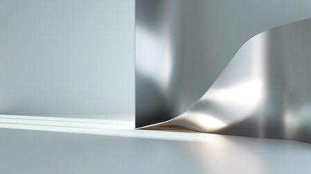 A striking abstract composition featuring a smooth metallic curve reflecting light in a minimalist space, perfect for modern design projects and artistic explorations.の素材