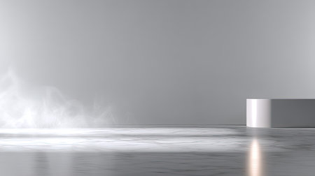 A minimalist studio scene featuring soft lighting and a hint of smoke on a reflective surface, perfect for modern design concepts and creative photography projects.の素材