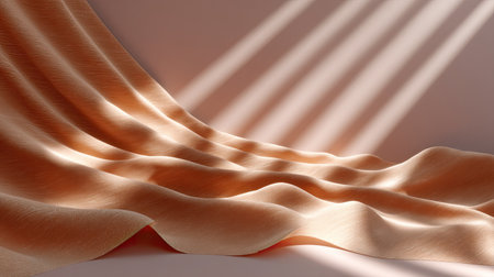 This soft beige fabric elegantly drapes across a smooth surface, creating beautiful shadows and highlights that evoke a serene and artistic ambiance.の素材