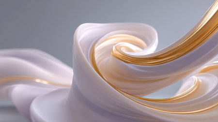 This captivating abstract art features elegant swirls of creamy white and golden fluid, creating a dynamic interplay of smooth textures and soft lighting.の素材
