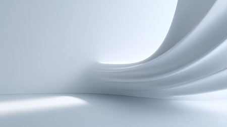 This image features an abstract minimalist interior space with smooth white curves and soft lighting. The elegant design creates a serene atmosphere perfect for artistic and contemporary projects.の素材