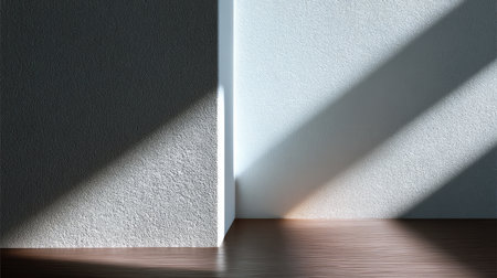 This image features soft natural light creating elegant shadows on a textured wall and wooden floor, ideal for minimalist design themes.の素材