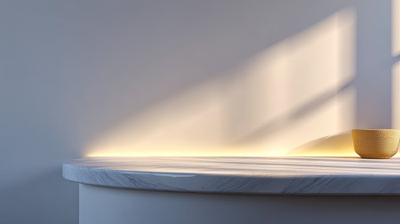 This image features a minimalist interior scene showcasing soft lighting cast across a smooth marble surface complemented by a decorative bowl.の素材