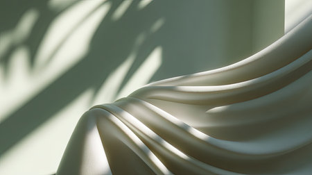 This image features elegant drapery cascading softly against a calming background, creating a serene atmosphere enhanced by gentle shadows and light.の素材
