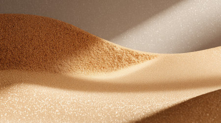 This abstract image features a smooth and grainy sand texture, showcasing soft rolling dunes with delicate play of light and shadow, perfect for background.の素材