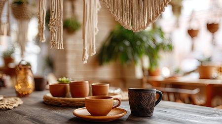 A warm and inviting cafe scene featuring handmade clay cups on a rustic wooden table, surrounded by natural decor elements and soft sunlight.の素材