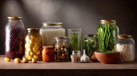A beautiful arrangement of fresh and preserved vegetables in glass jars on a wooden table, showcasing nutrition, color, and culinary possibilities.の素材