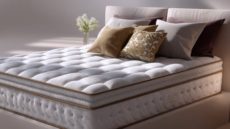 A beautifully arranged bedroom featuring a luxury mattress on a modern bed frame, adorned with decorative pillows, creating a serene and inviting atmosphere.の素材