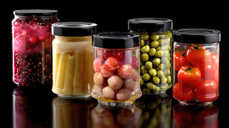 This striking image features a variety of jarred vegetables and fruits, showcasing vibrant colors and appealing textures on a reflective surface, perfect for food enthusiasts.の素材