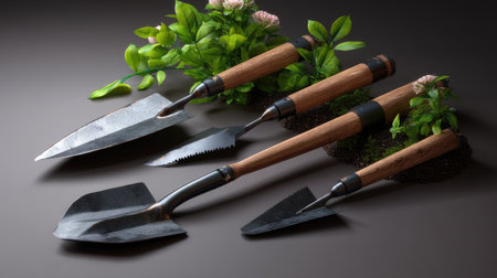 A beautiful arrangement of essential gardening tools on a dark surface, accompanied by green foliage, perfect for promoting gardening and nature themes.の素材