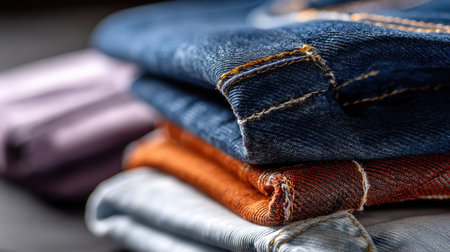 A stunning close-up image showcasing neatly rolled denim jeans in various colors, artfully arranged on a textured wooden surface, highlighting their quality and detail.の素材