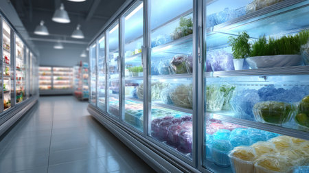 A well-organized supermarket freezer aisle showcasing fresh produce and frozen goods in transparent packaging, inviting shoppers to explore healthy options.の素材
