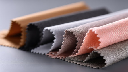 A close-up image showcasing an array of textile samples in beige, grey, black, and peach colors arranged elegantly on a smooth surface. Perfect for design.の素材