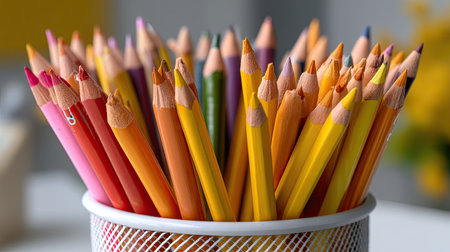 A bright assortment of colorful pencils arranged in a white container, ideal for artists, teachers, and students looking to explore their creativity.の素材