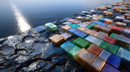 A mesmerizing scene of colorful geometric blocks atop a calm water surface, creating an artistic landscape filled with vibrant hues at sunrise or sunset.の素材