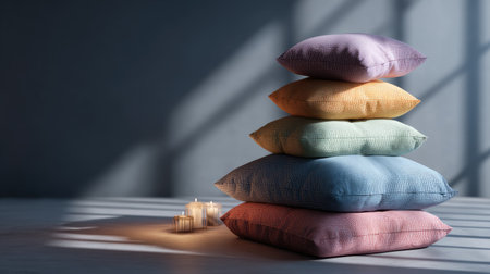A serene composition featuring a stack of colorful cushions positioned next to flickering candles. The soft light enhances the cozy and inviting atmosphere, perfect for home decor inspiration.の素材