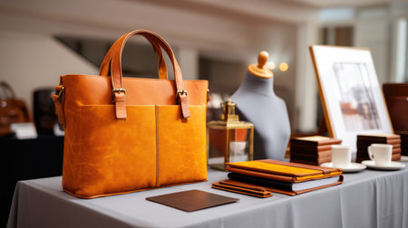 This stunning leather bag is elegantly displayed with complementary accessories on a refined table in a boutique. A perfect blend of craftsmanship and style.の素材