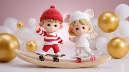 Enjoy this playful scene of two cute children dolls skateboarding in a cheerful, festive setting, creating a joyful atmosphere perfect for holiday vibes.の素材