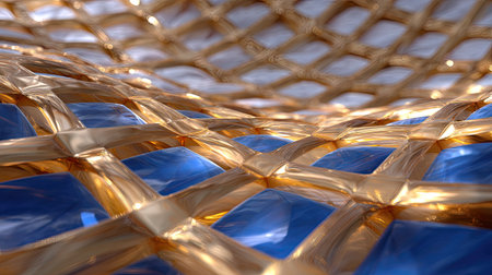 This abstract image features a woven mesh design with a glowing copper surface contrasted against a rich blue background, creating a captivating visual appeal.の素材