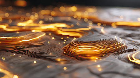 Explore an abstract composition featuring luminous lines and glowing patterns on a textured surface, evoking a sense of dynamic flow and artistic elegance.の素材