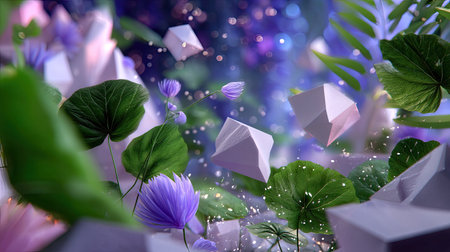 A captivating composition featuring delicate flowers and geometric shapes enveloped in lush foliage, illuminated by soft bokeh, creating a dreamlike atmosphere.の素材