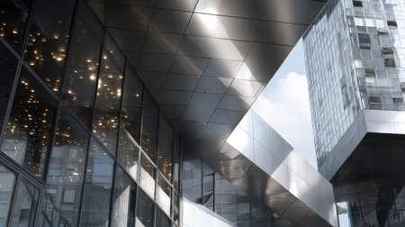 This image showcases the stunning architectural design of modern buildings, featuring sleek glass and metal facades, with dynamic angles and reflections under a clear sky.の素材