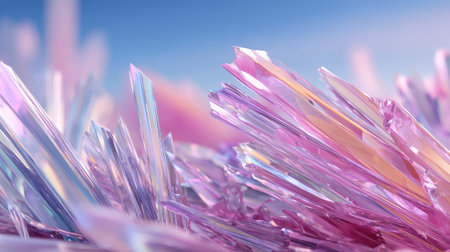 This captivating close-up image showcases stunning iridescent pink crystals with sharp edges, creating an enchanting and dreamy aesthetic perfect for art or design.の素材
