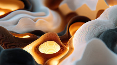 This stunning abstract image features wavy textures with glowing light accents, creating a captivating visual experience. The soft dimensional landscape evokes feelings of organic beauty and fluid movement.の素材