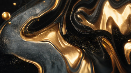 This abstract image showcases a mesmerizing blend of black and gold swirling textures, offering a luxurious feel perfect for modern designs or backgrounds.の素材