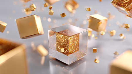 This stunning 3D render showcases a transparent glass cube encasing glittering gold cubes, surrounded by sparkling golden particles, creating a vibrant and luxurious atmosphere.の素材
