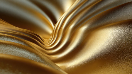 A close-up view of shimmering gold fabric waves, showcasing a smooth and glossy texture that creates an elegant and luxurious atmosphere for various design projects.の素材