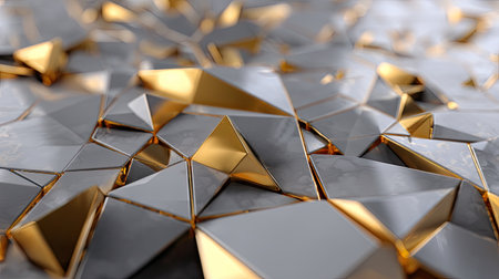 Intricate and dynamic abstract background featuring a mix of metallic triangles in silver and gold tones, ideal for projects requiring a contemporary and elegant touch.の素材