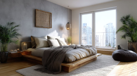 This modern minimalist bedroom features large windows allowing abundant natural light, with stylish furniture and soothing color tones. Ideal for urban living.の素材