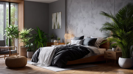 Explore this inviting bedroom featuring elegant wood furniture, lush plants, and a calming color palette, creating a serene retreat filled with natural light.の素材