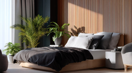 A beautifully designed modern bedroom showcasing wooden accents, vibrant green plants, and soft textiles, illuminated by natural light for a peaceful atmosphere.の素材