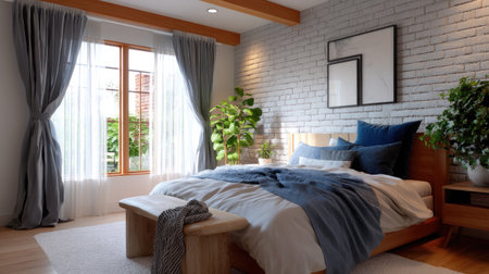 This cozy modern bedroom features warm wooden furniture and soft textiles, beautifully illuminated by natural light, creating a serene and inviting atmosphere.の素材