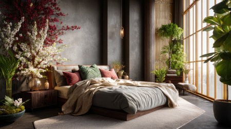 A serene bedroom featuring lush plants and floral arrangements, with modern furnishings and soft textures creating a cozy and elegant retreat.の素材
