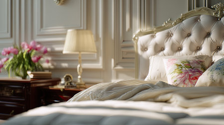 This image showcases an elegant bedroom with a luxurious bed adorned with soft cushions, warm lighting, and tasteful decor, evoking comfort and tranquility.の素材