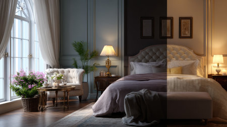 A beautifully designed bedroom showcasing a blend of light and dark elements, featuring elegant furniture, soft linens, natural accents, and a serene ambiance.の素材