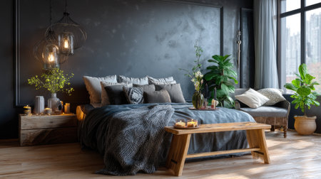 A stylish modern bedroom featuring a dark wall, elegant decor, lush plants, and soft lighting, creating a cozy and inviting atmosphere for relaxation.の素材