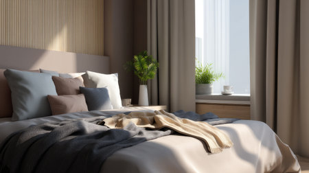 This modern bedroom showcases a cozy atmosphere with natural light pouring in through large windows. Soft textiles in neutral tones create a serene space, perfect for relaxation.の素材