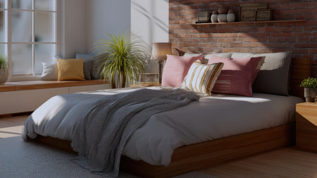 A cozy modern bedroom filled with natural light, showcasing lush plants, soft textiles, and elegant decor for a serene atmosphere. Perfect for relaxation.の素材