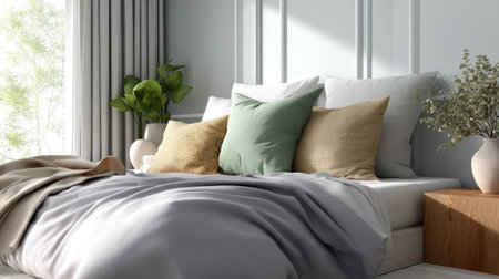 A cozy bedroom design featuring neutral tones and soft textures invites relaxation. The serene atmosphere is enhanced by natural light and greenery.の素材