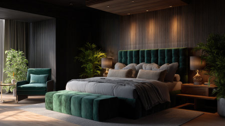 Discover a stunning modern bedroom featuring rich green velvet accents, stylish furniture, and soft lighting, creating a perfect retreat for relaxation and comfort.の素材